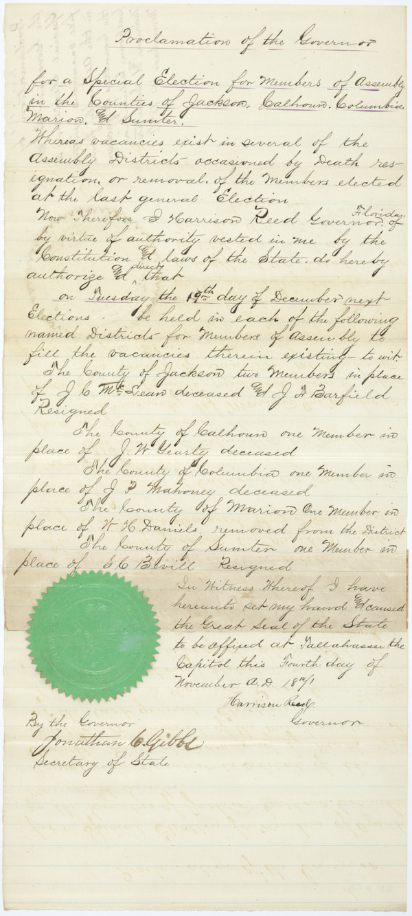 Proclamation by Governor Harrison Reed Calling for Special Elections in Jackson, Calhoun, Columbia, Marion and Sumter Counties to Fill Vacant Offices, November 4, 1871