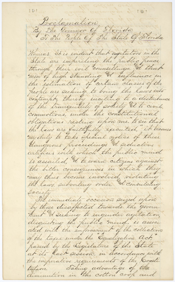 Proclamation by Governor Harrison Reed to the People of Florida, November 6, 1871