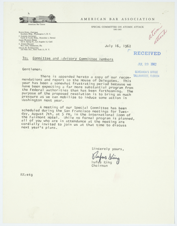 Recommendations of the American Bar Association's Special Committee on Atomic Attack, July 1962