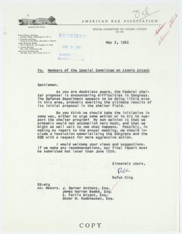 Correspondence Between Members of the American Bar Association's Special Committee on Atomic Attack Relating to Federal Nuclear Emergency Contingency Planning, 1962