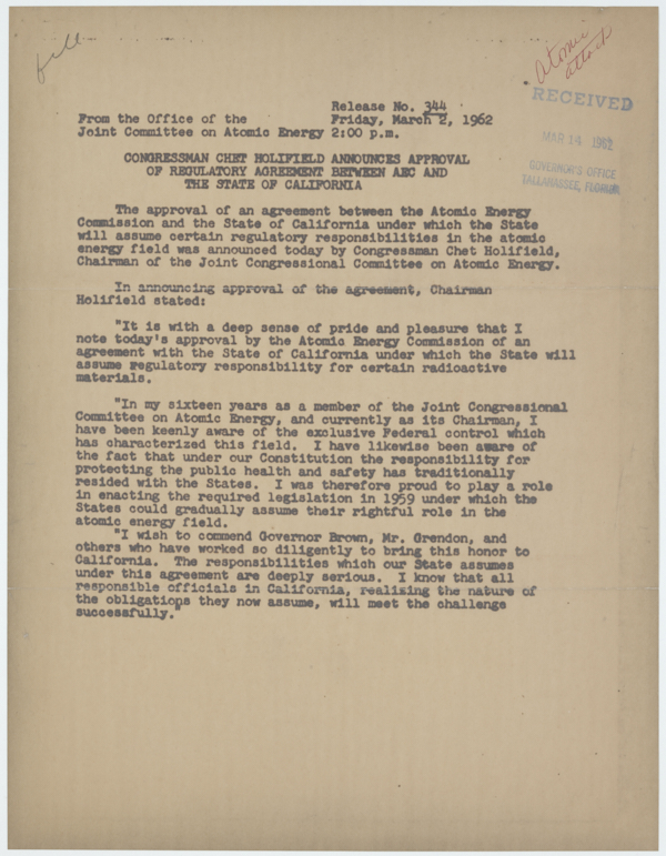 Press Release from Congressman Chet Holifield Announcing a Regulatory Agreement Between the Atomic Energy Commission and the State of California, March 2, 1962