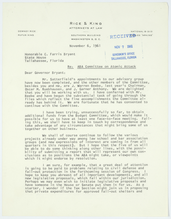 Correspondence Between Rufus King of the American Bar Association's Special Committee on Atomic Attack and Governor Farris Bryant, 1962