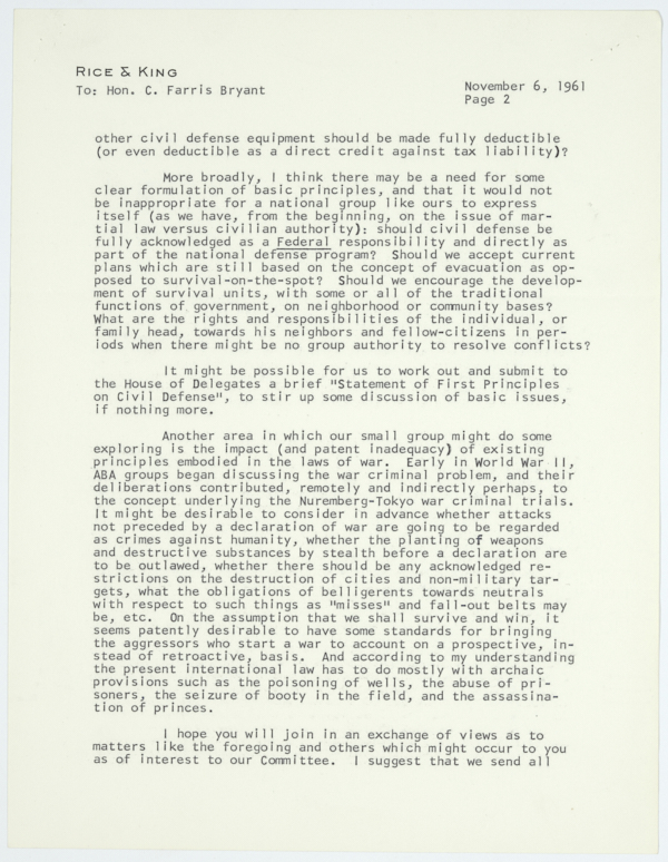 Correspondence Between Rufus King of the American Bar Association's Special Committee on Atomic Attack and Governor Farris Bryant, 1962