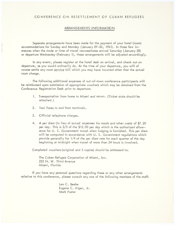 Information Regarding Arrangements for a Conference on Resettlement of Cuban Refugees in Miami, 1961