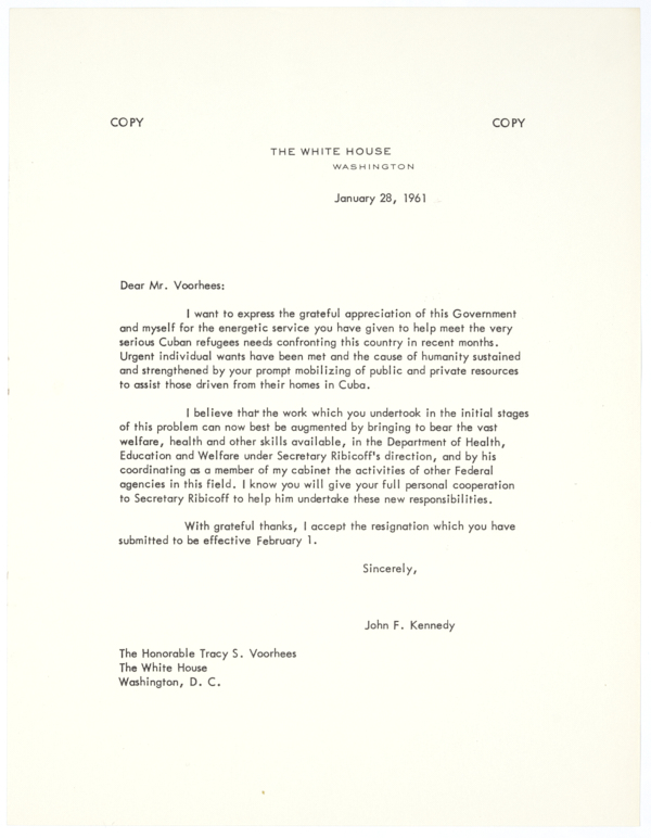 Letter from President John F. Kennedy to Tracy S. Voorhees Accepting His Resignation, January 28, 1961