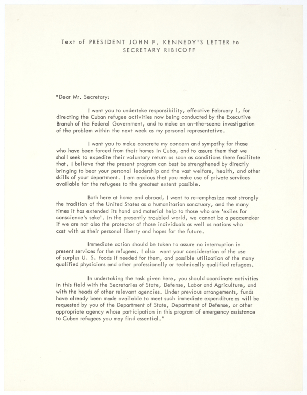 Text of a Letter from President John F. Kennedy to Abraham Ribicoff, January 1961