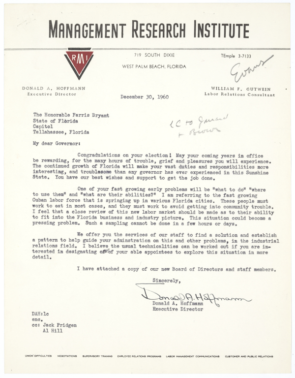 Correspondence Between Donald A. Hoffman and Governor Farris Bryant Regarding the Employment of Cuban Refugees