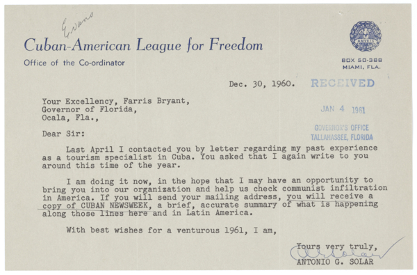 Correspondence Between Antonio G. Solar and Governor Farris Bryant's Office Regarding Membership in the Cuban-American League for Freedom, December 1960-January 1961