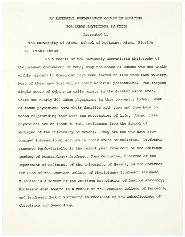 Proposal for an Intensive Postgraduate Course in Medicine for Cuban Physicians in Exile, ca. 1961