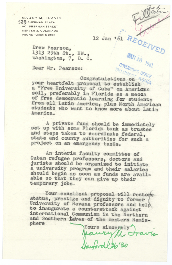 Letter from Maury M. Travis to Drew Pearson Regarding a Free University of Cuba, January 12, 1961