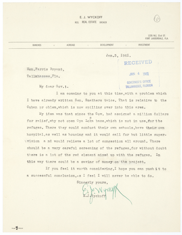 Correspondence Between E.J. Wyckoff and Governor Farris Bryant Regarding Cuban Refugees, 1961