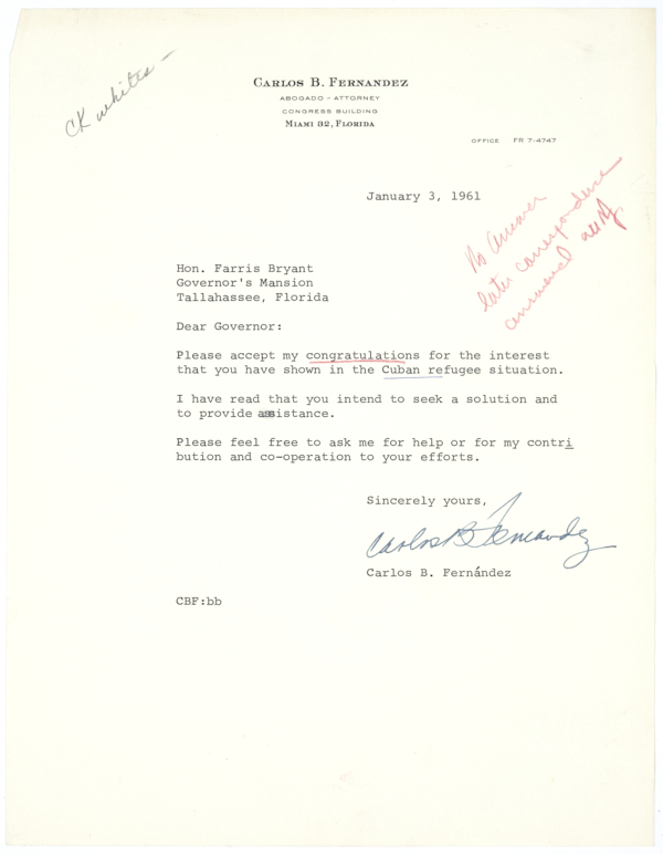 Letter from Carlos Fernandez to Governor Farris Bryant Regarding Cuban Refugees, January 3, 1961