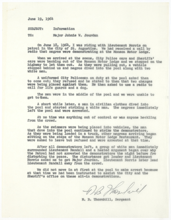 Memorandum from Newell B. Thornhill to J.W. Jourdan Regarding a Civil Rights Demonstration at the Monson Motor Lodge in St. Augustine, June 19, 1964