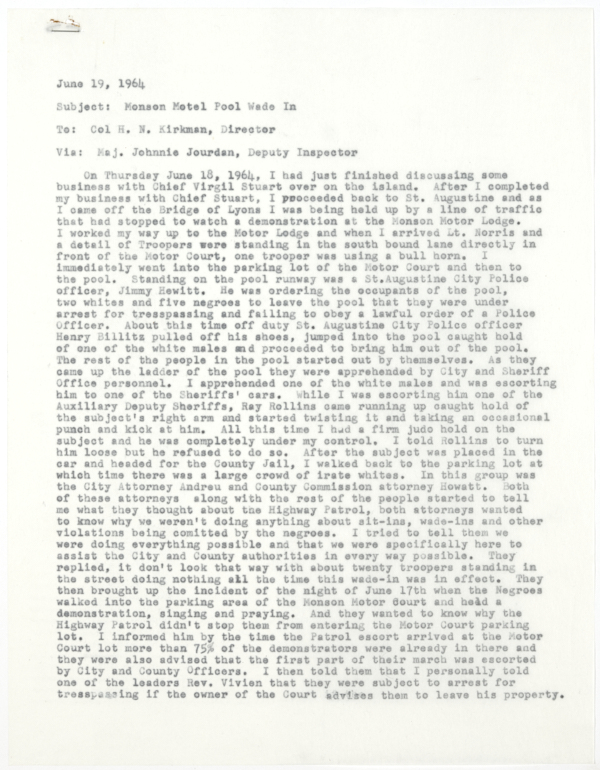 Memorandum from Henry Randall to Henry Neil Kirkman Regarding a Wade-In at the Monson Motor Lodge in St. Augustine, June 19, 1964