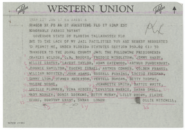 Telegram from St. Johns County Sheriff L.O. Davis to Governor Farris Bryant Asking Permission to Move Prisoners to the Duval County Jail, June 17, 1964