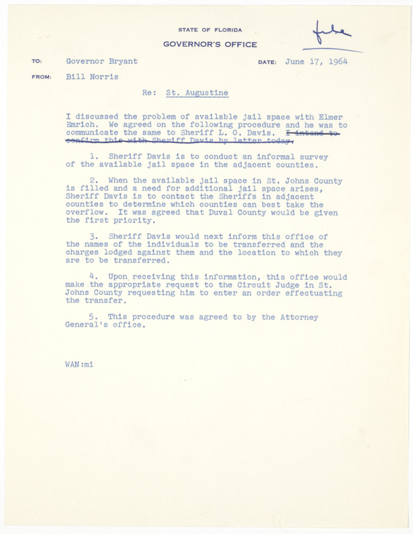 Memorandum from Bill Norris to Governor Farris Bryant Regarding Procedures for Alleviating Overcrowding at the St. Johns County Jail, June 17, 1964