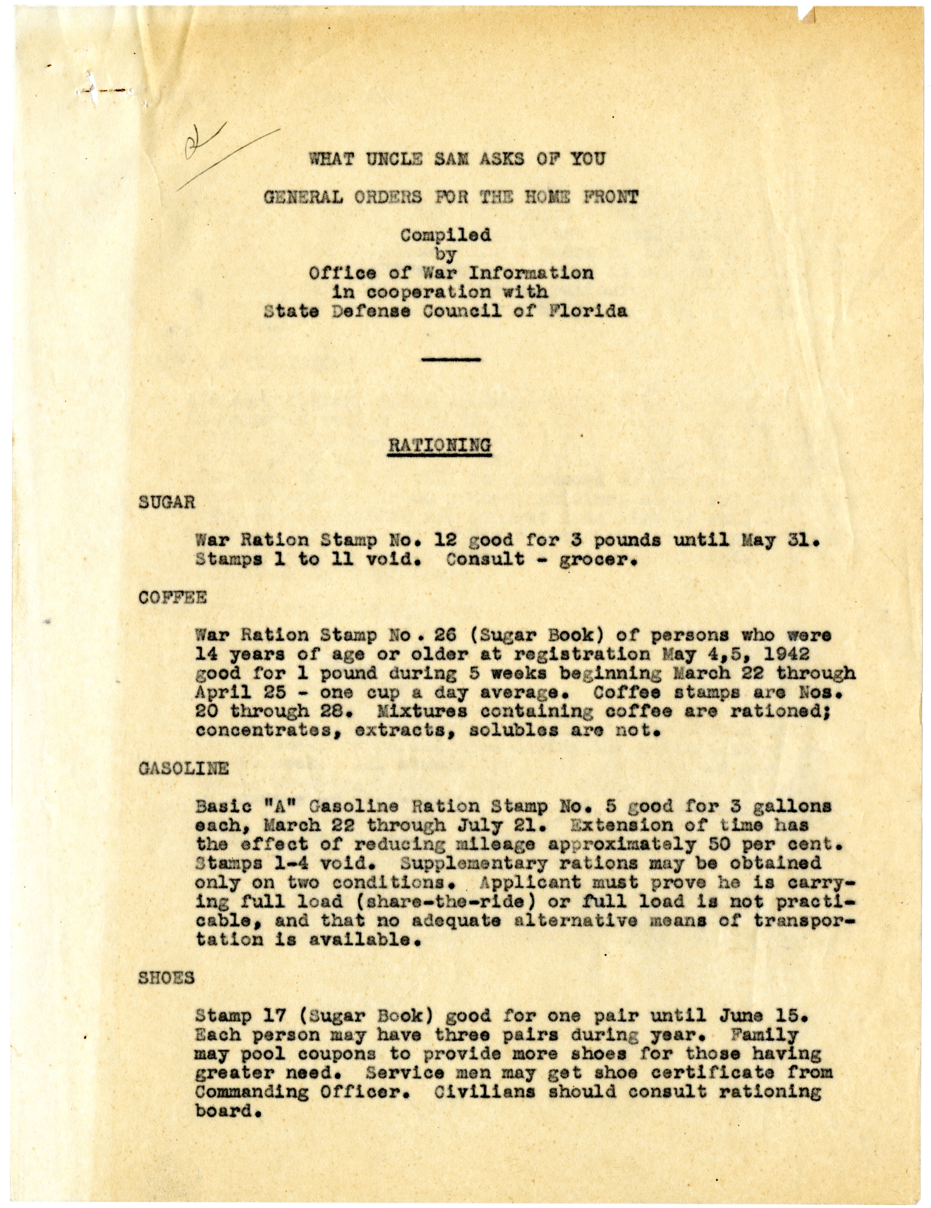 "What Uncle Sam Asks of You: General Orders for the Home Front" Bulletin.