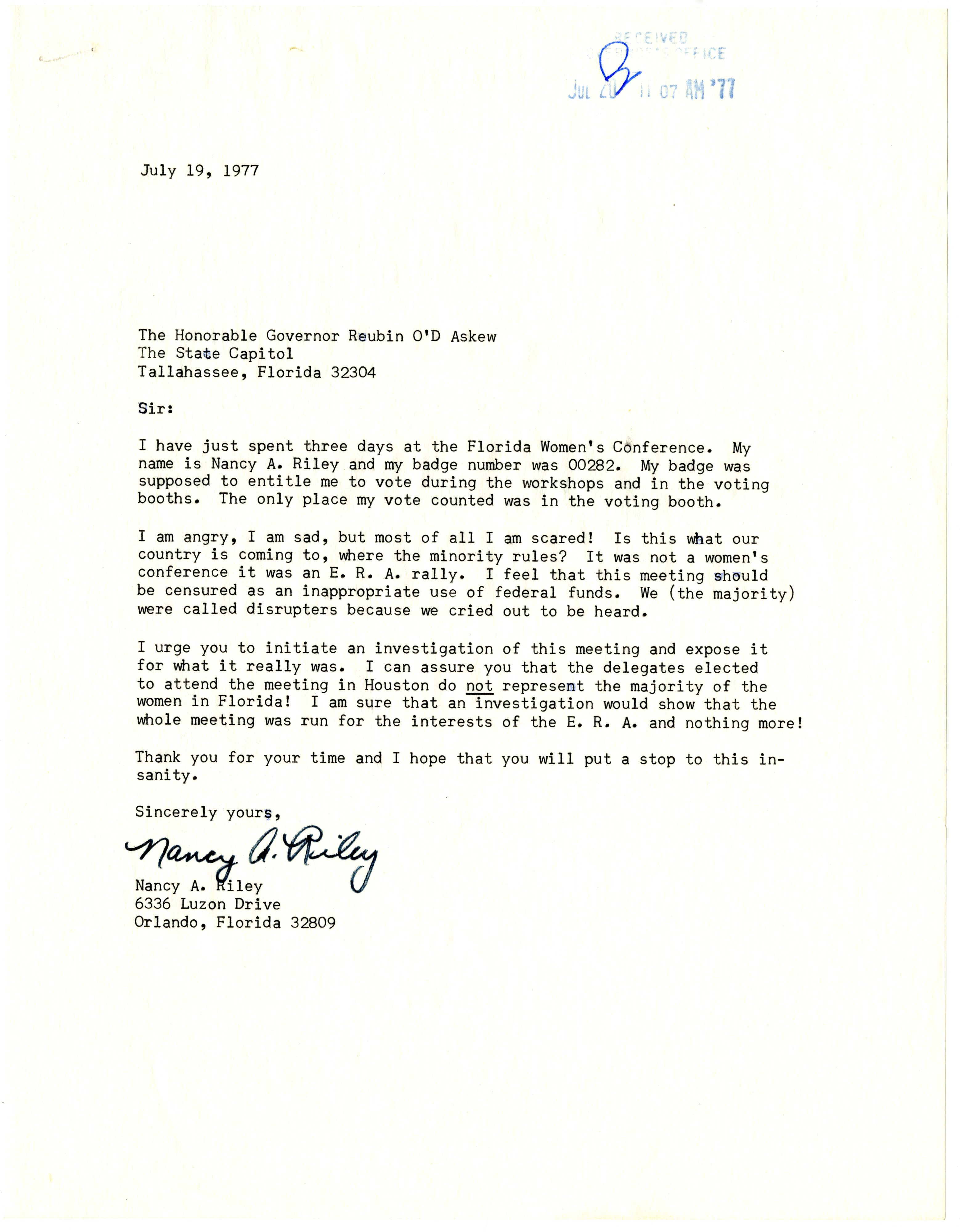 Letter from Nancy A. Riley to Governor Reubin Askew regarding the Florida Women's Conference, July 19, 1977.