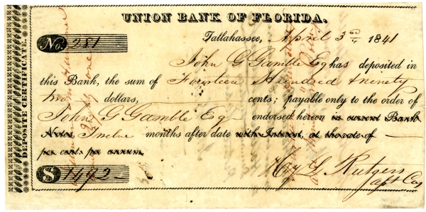 Certificate of deposit from the Union Bank dated April 3, 1841.