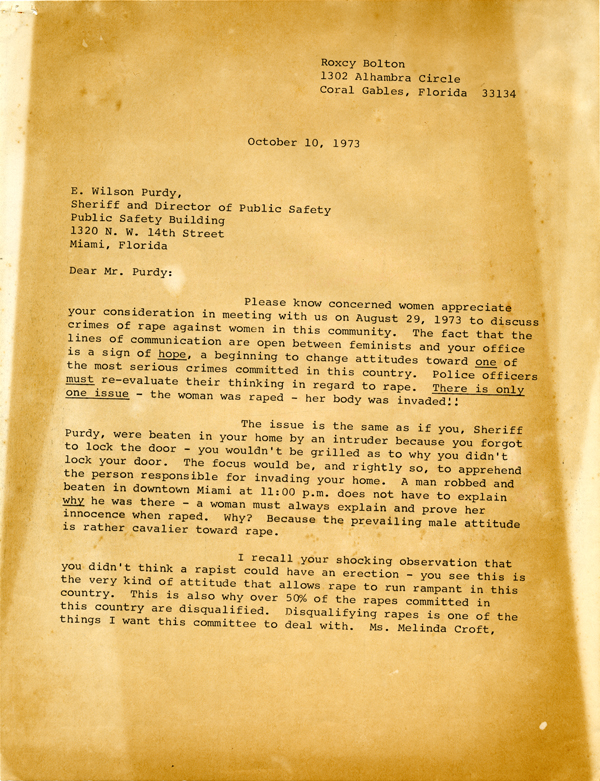 Letter from Roxcy Bolton to Sheriff E. Wilson Purdy, 1973