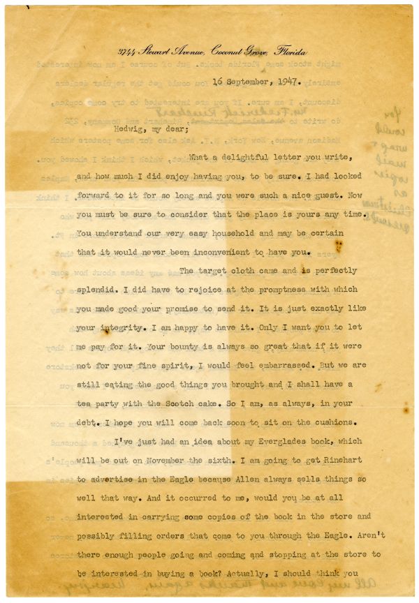 Letter from Marjory Stoneman Douglas to Hedwig Michel, September 16, 1947