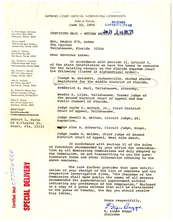 Letter from the Florida Supreme Court Judicial Nominating Commission to Governor Reubin Askew Listing Nominees for a Vacant Supreme Court Seat, June 23, 1975, in Box 10, Folder 22, Governor Askew Appointment and Resignation Files (Series S136), State Archives of Florida.