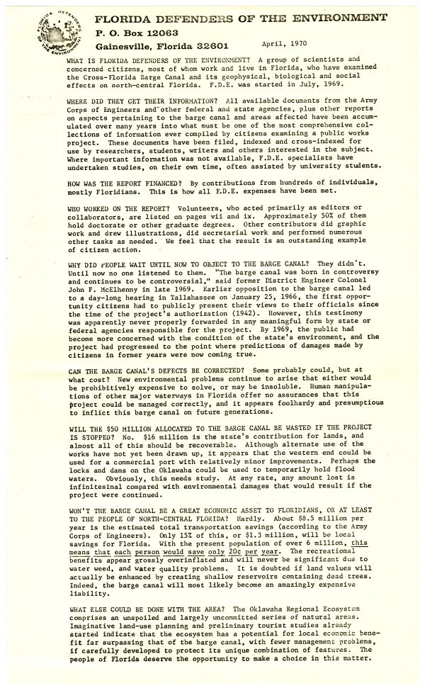 Description of Florida Defenders of the Environment, 1970