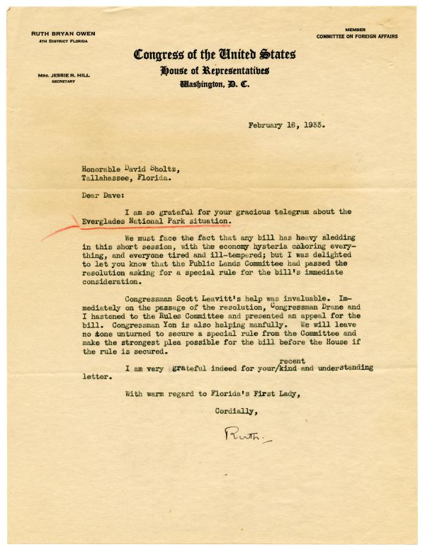 Letter from Congresswoman Ruth Bryan Owen to Governor David Sholtz, 1933