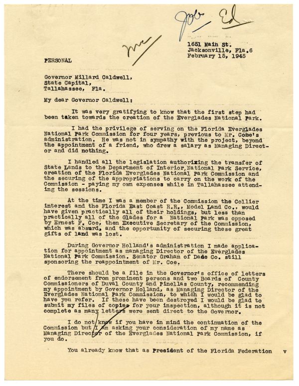 Letter from May Mann Jennings to Governor Millard Caldwell, 1945