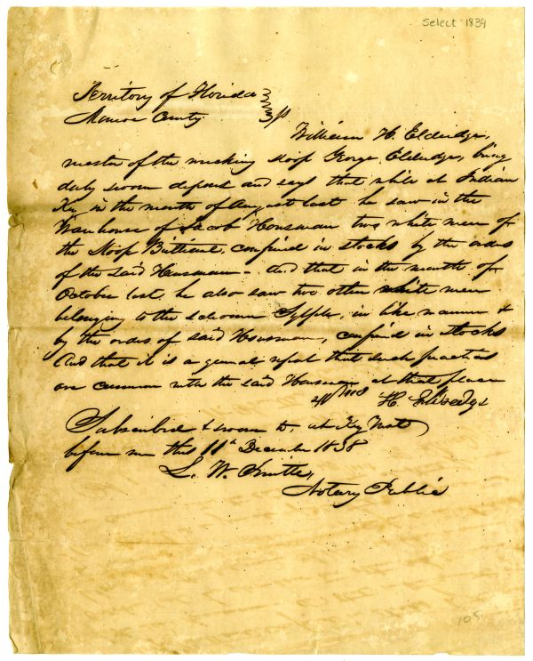 One of two affidavits attesting to men held in stocks by Jacob Housman on Indian Key, 1838. Click or tap the image to view both documents with transcripts.