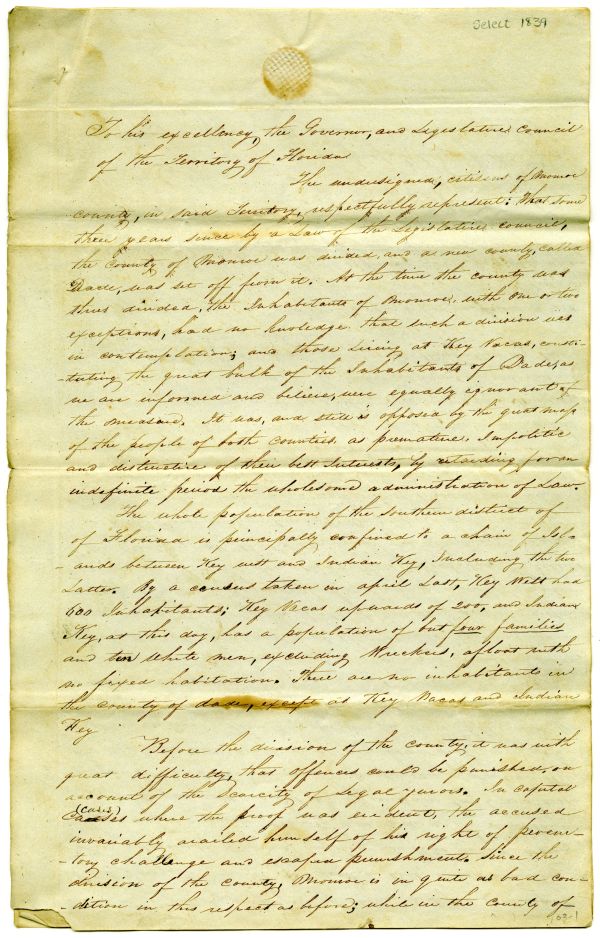 Petition Requesting the Repeal of the Law Creating Dade County, ca. 1839. Click or tap the image to view the complete document with transcript.