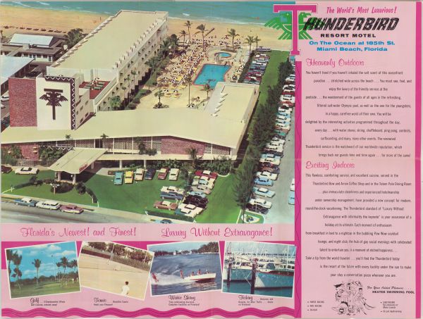 View of the Thunderbird Resort Motel on Miami Beach, designed by Norman Giller. This promotional brochure includes images from throughout the building, illustrating Giller's innovative architectural techniques (State Library Ephemera Collection).