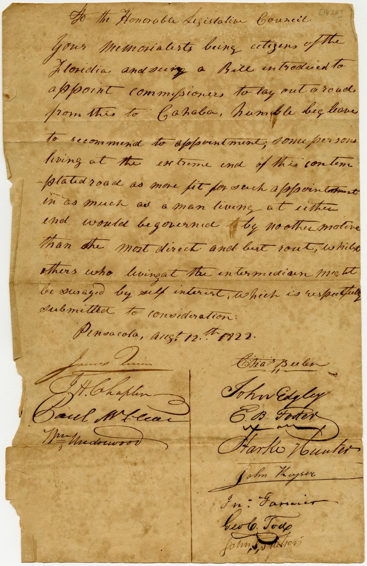 Petition of Sundry Citizens of Pensacola Regarding Road from Pensacola to Cahawba, 1822