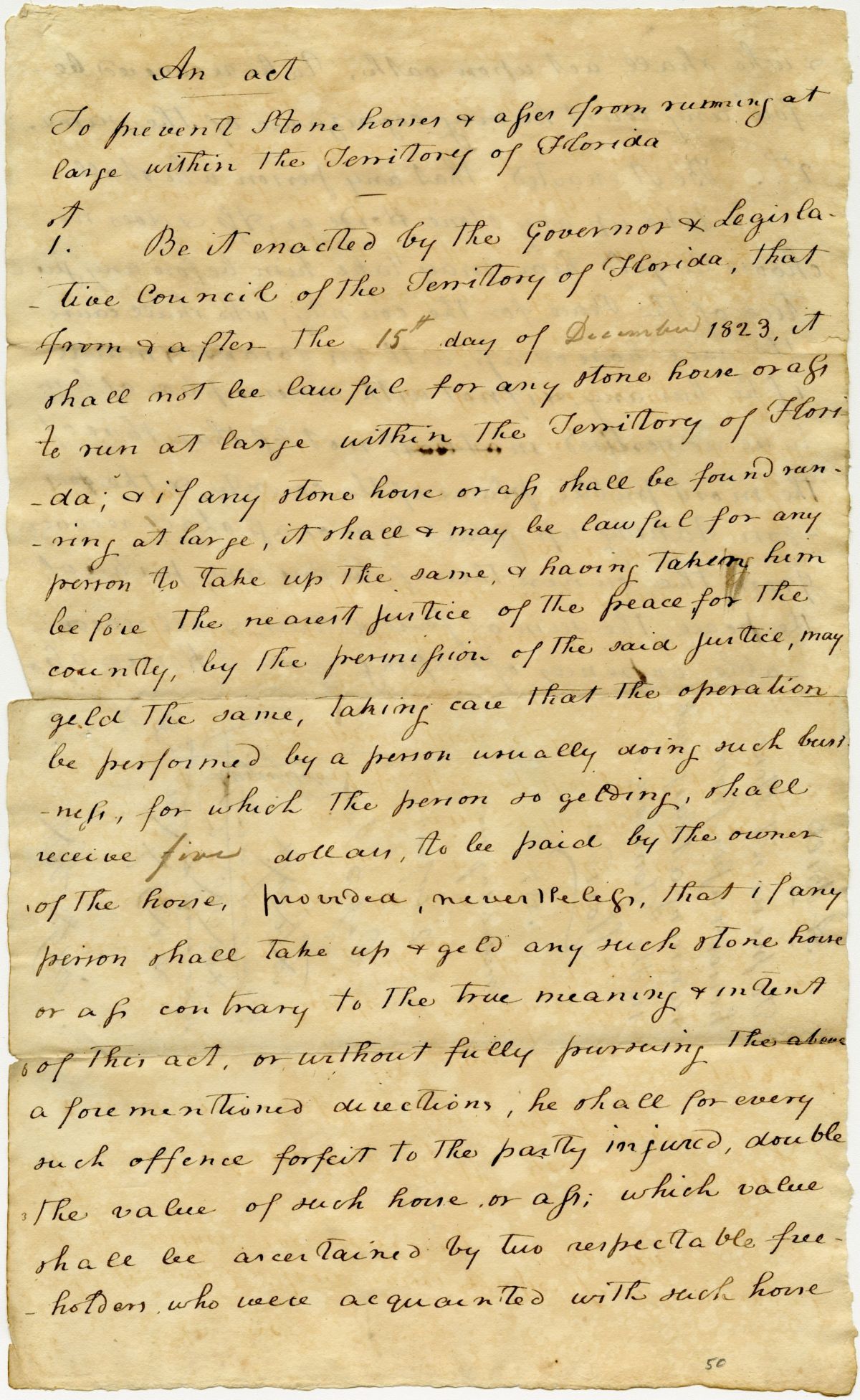 Draft of an Act to Prevent Stone Horses and Asses from Running at Large within the Florida Territory, 1823