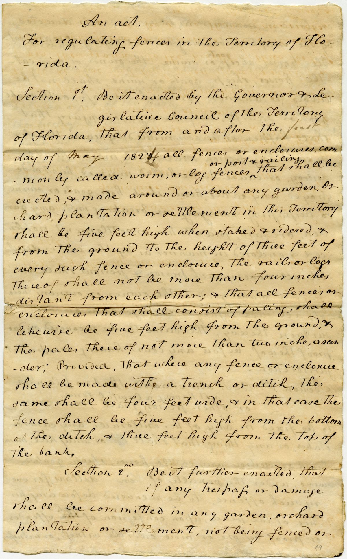 Draft of an Act for Regulating Fences in the Territory of Florida, 1823