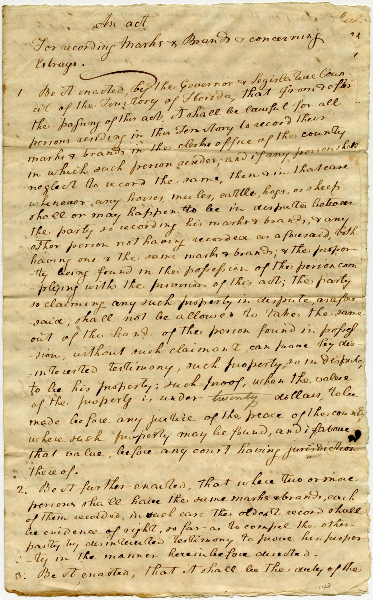 Draft of an Act for Recording Marks and Brands and Concerning Estrays, 1823