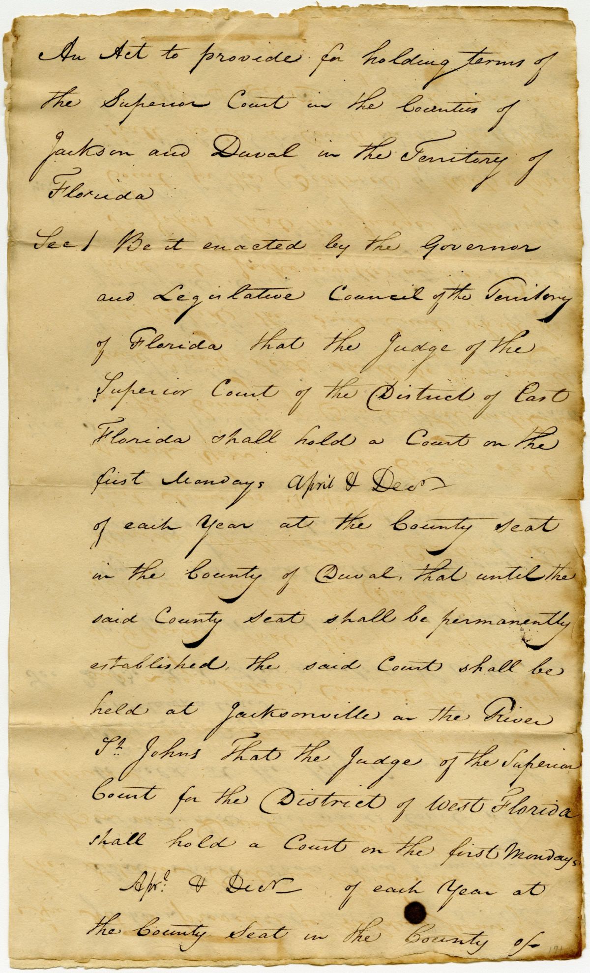 Draft of an Act for Holding Sessions of the Superior Court in Duval and Jackson Counties, 1823