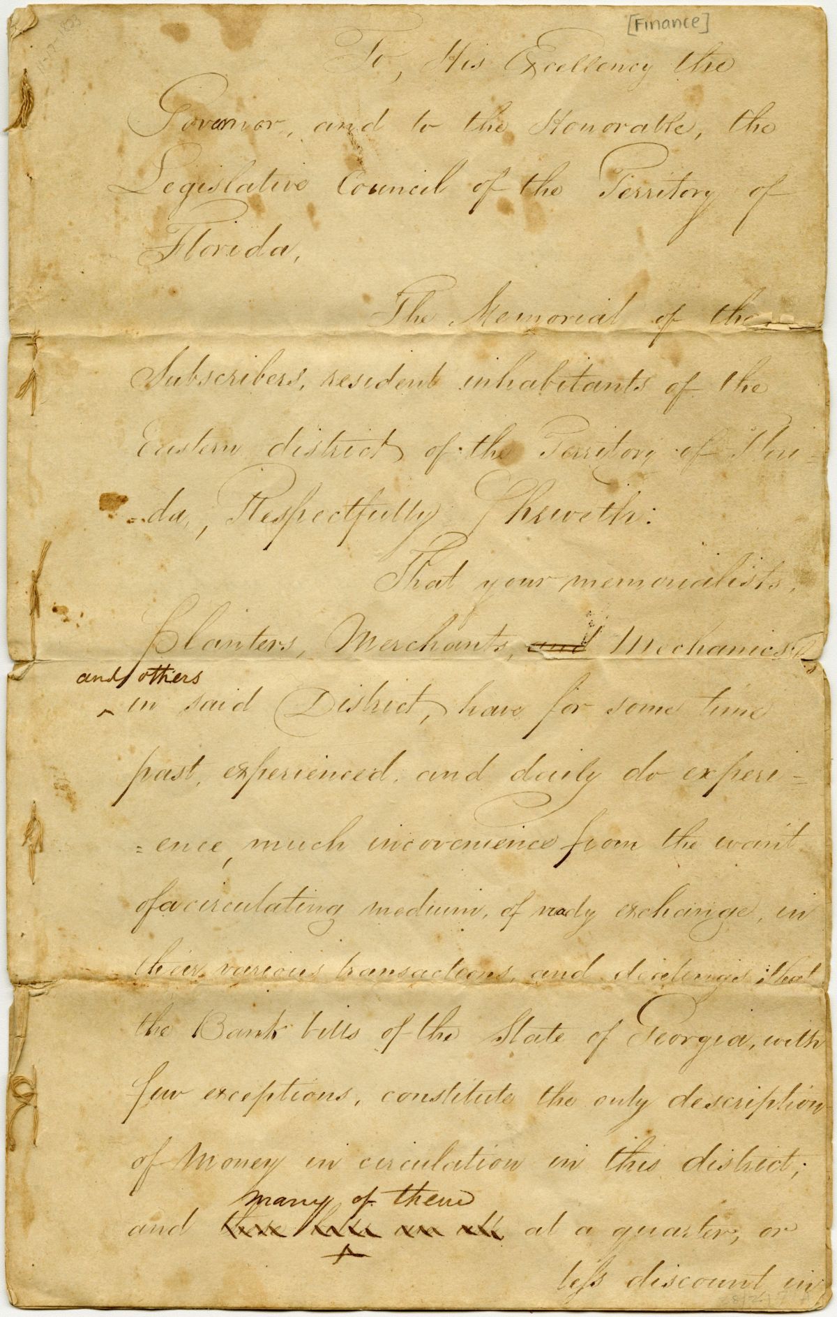 Petition to the Florida Territorial Government Requesting the Incorporation of a Bank at Saint Augustine, circa 1825