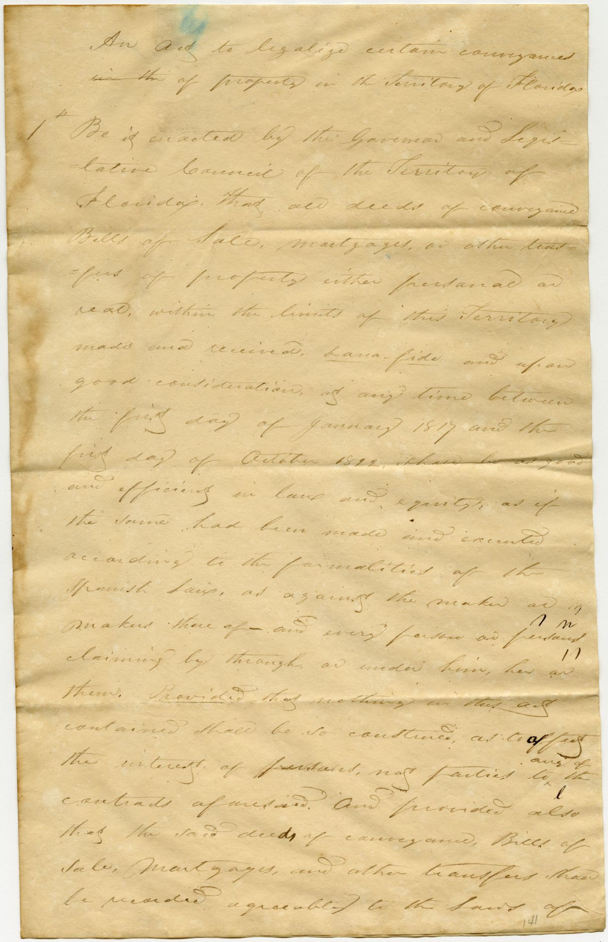 Draft of an Act to Legalize Certain Conveyances of Property in the Territory of Florida, 1823