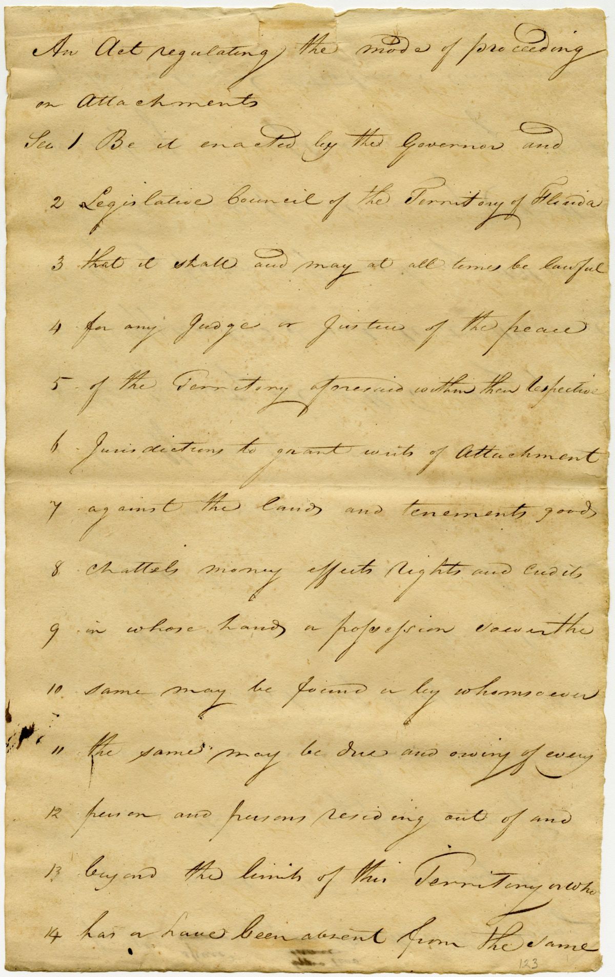 Draft of an Act Regulating Writs of Attachment in the Territory of Florida, 1823