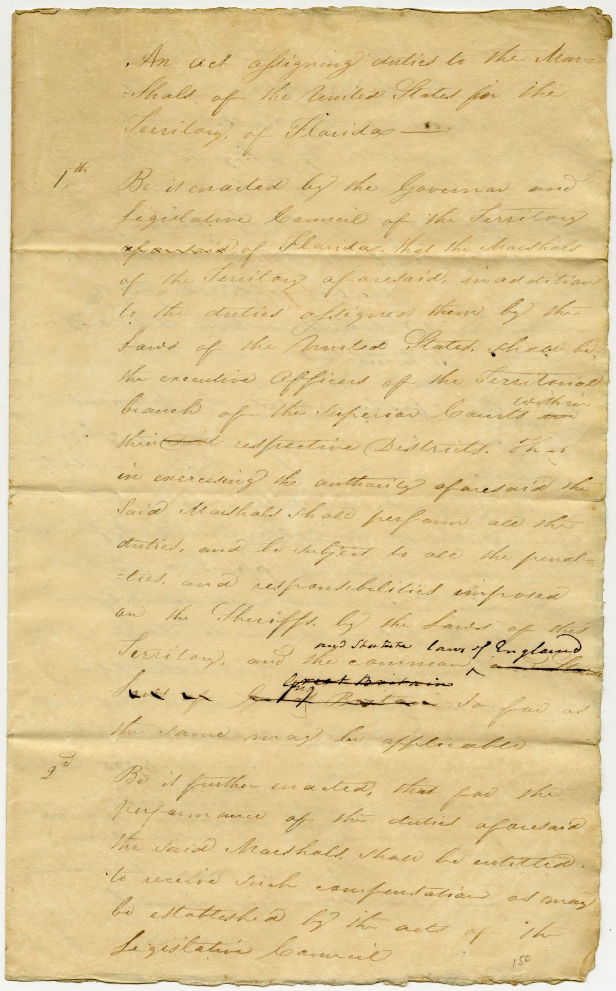 Draft of an Act Assigning Duties to United States Marshals in the Territory of Florida, 1823