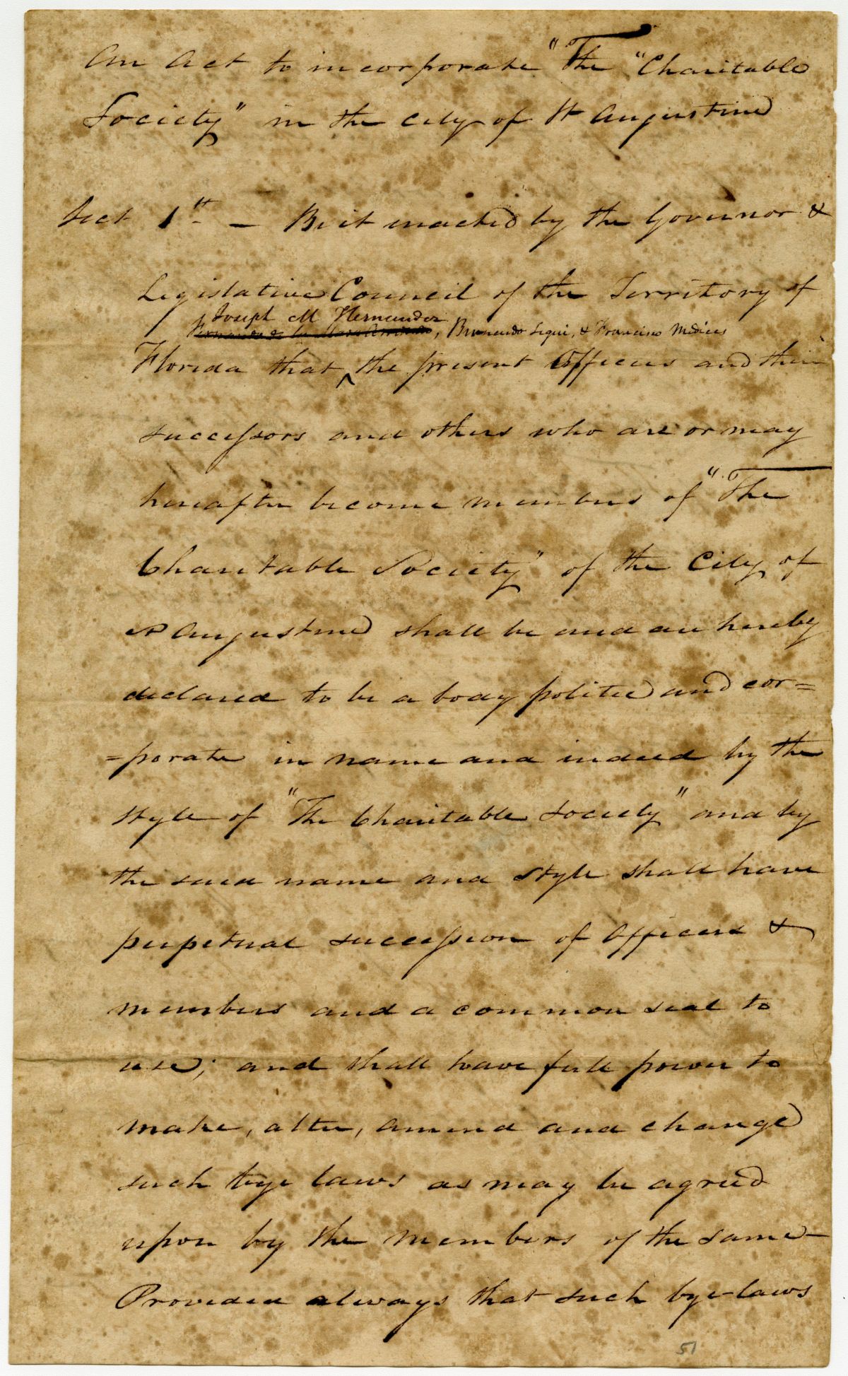 Draft of an Act Incorporating the Saint Augustine Charitable Society, 1823