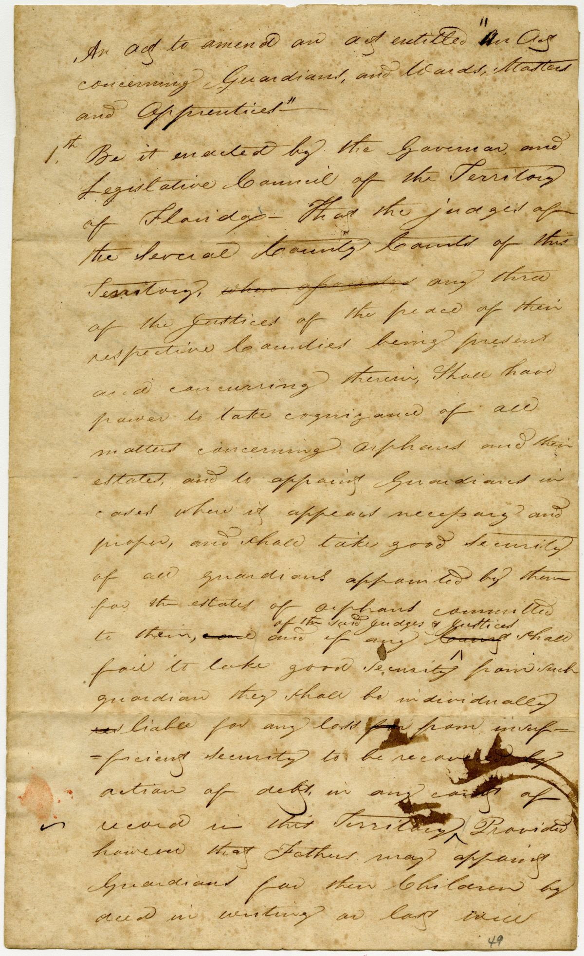 Draft of an Act Amending an Act Concerning Guardians, Wards, Masters, and Apprentices, 1823