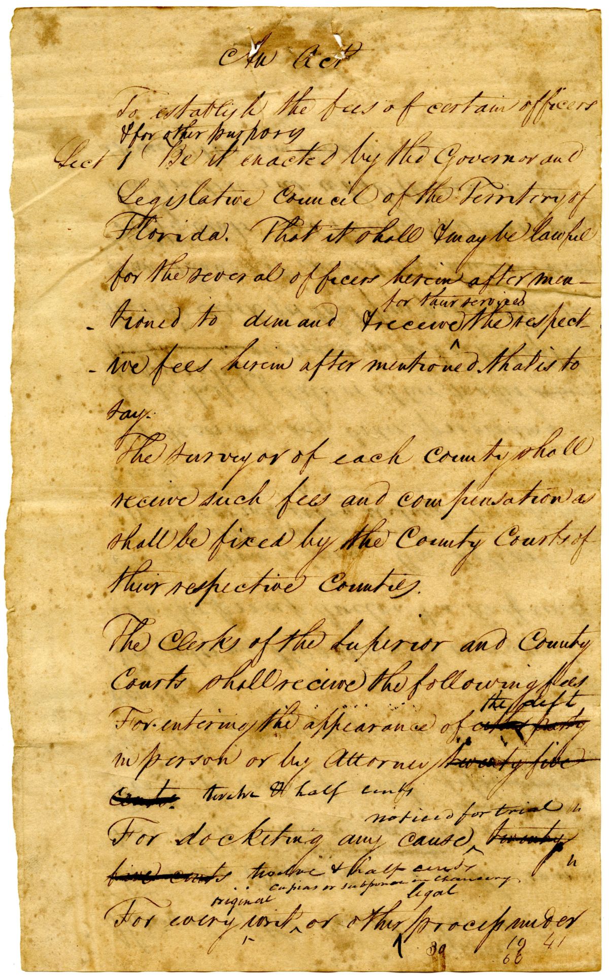 Draft of an Act Providing Compensation for Judges and Officers in the Territory of Florida, 1823