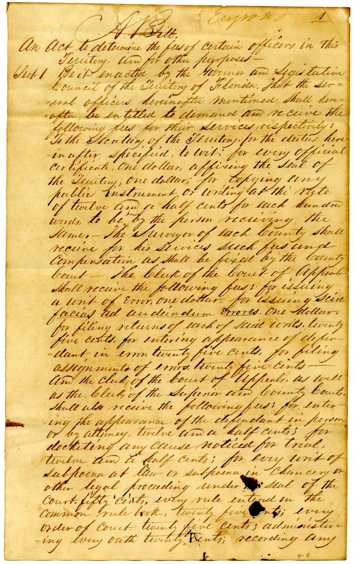 Draft of an Act Defining the Fees of Certain Officers in the Territory of Florida, 1824