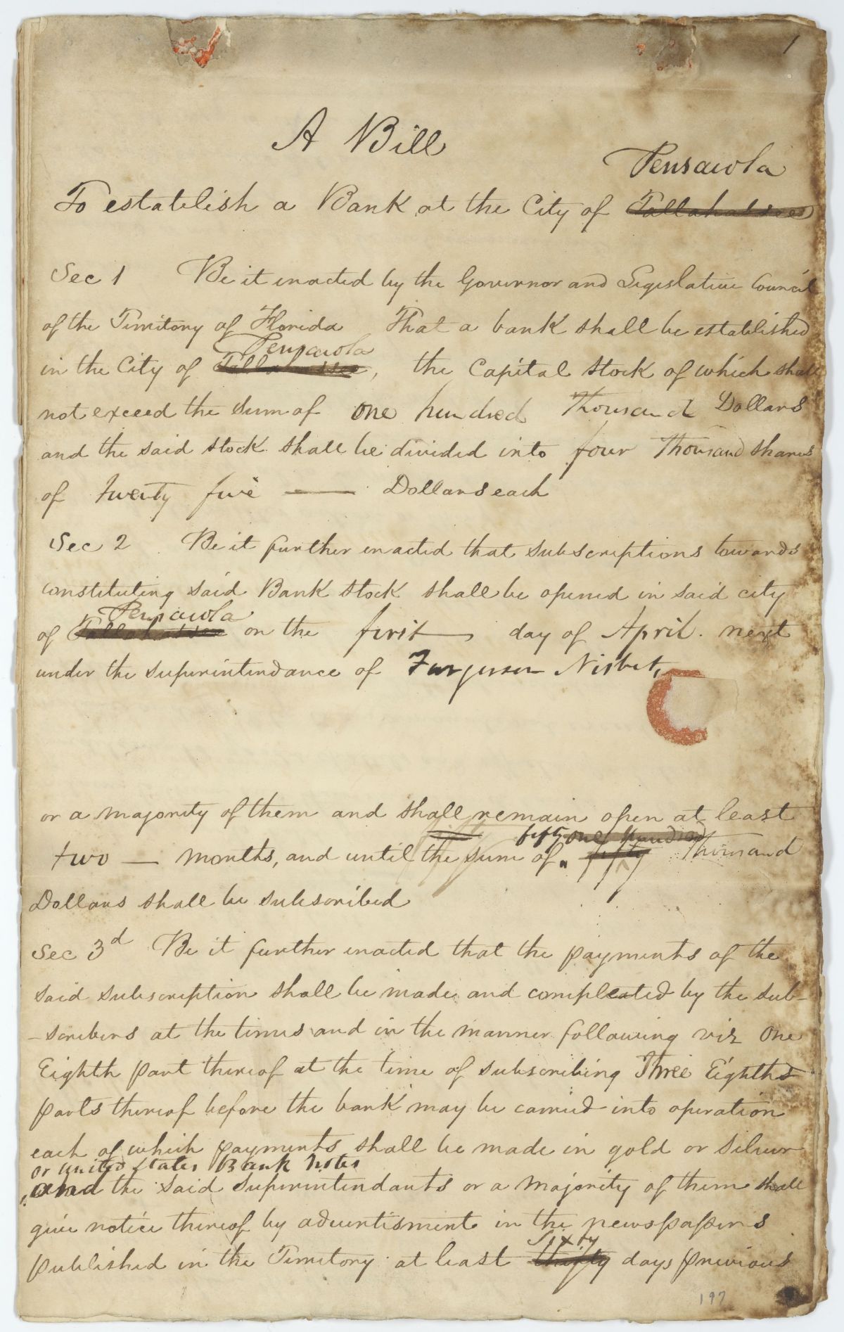 Draft of an Act to Incorporate a Bank at the City of Pensacola, 1824