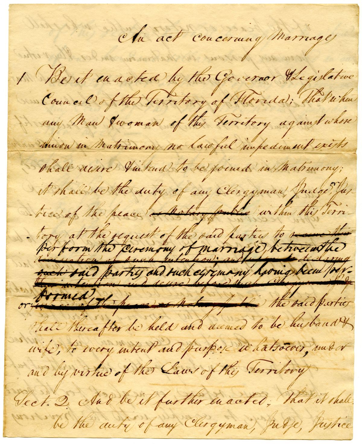 Draft of an Act Concerning Marriages in the Territory of Florida, 1823