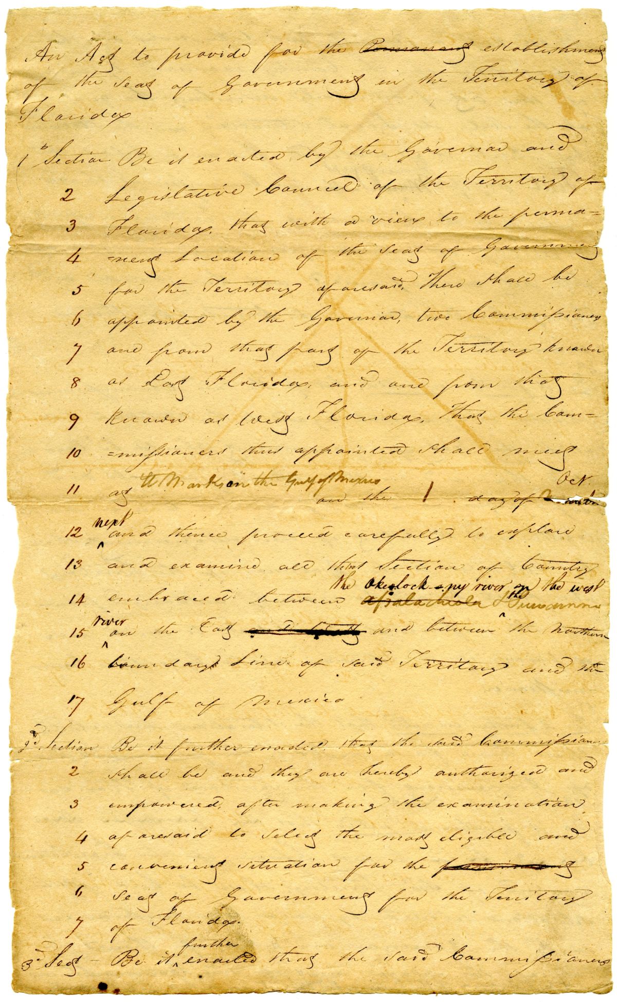 Draft of an Act for the Establishment of the Seat of Government in the Territory of Florida, 1823