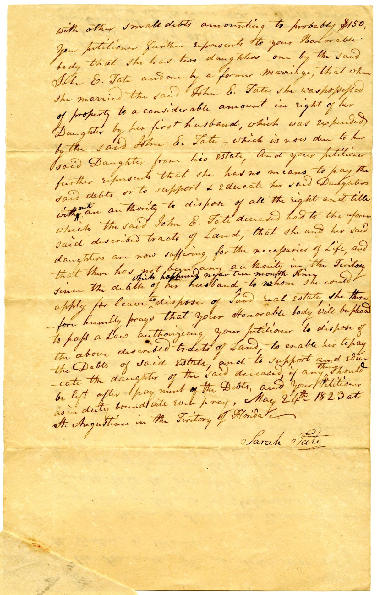 Petition of Sarah Tate, Widow and Administratrix, for the Right to Administer Her Husband's Estate, 1823