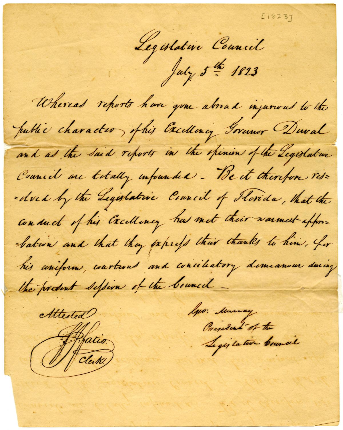 Resolution Condemning Character Assaults on Governor William Pope Duval, 1823